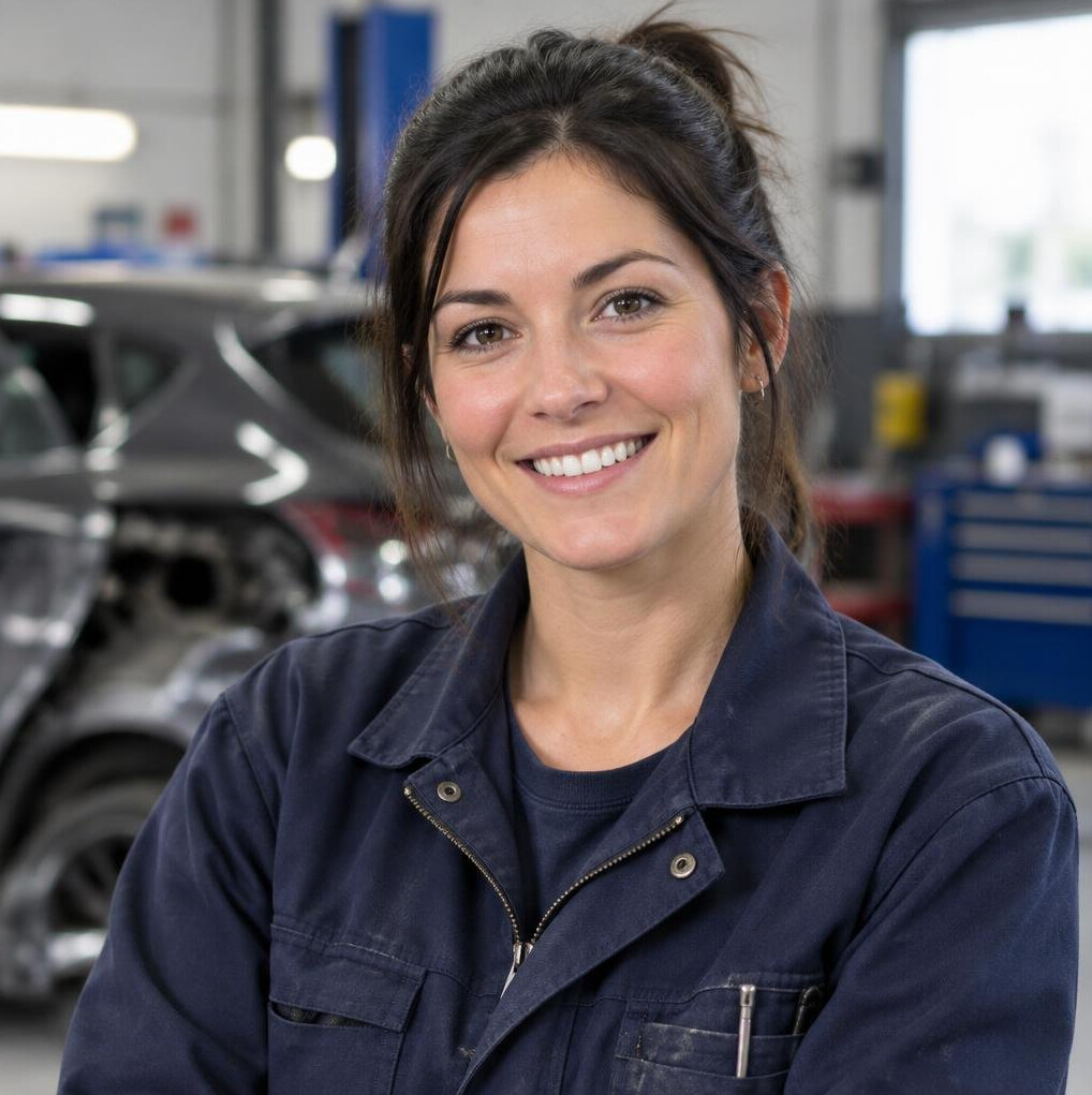 Smiling female auto body technician in a workshop
